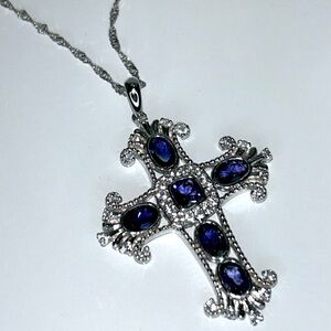 NWOT Chuck Clemency Sterling Silver Iolite Gemstone Cross Necklace Gothic Boho